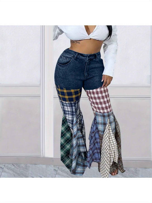 Denim Trousers for Women with a Houndstooth Pattern, Featuring Flared Legs And Ruffles.