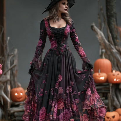 Women'S Elegant Retro Gothic Witch Dress - Long Sleeve Puffed Sleeve with Ruffled Hem & Belted Waist, Machine Washable Purple & Digital Print Halloween Costume Party Outfit, Vintage-Inspired Autumn Dress for Themed Events & C SS69 37.69 Scarlet red / M