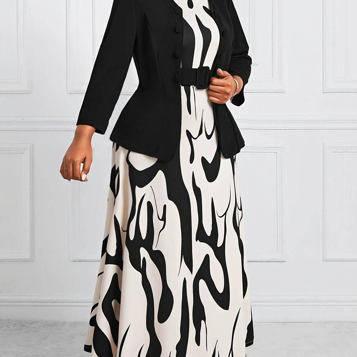 [Elegant Two-Piece Set] Elegant Plus-Size Women's Solid Color Jacket & Printed Vest Skirt Two-Piece Set