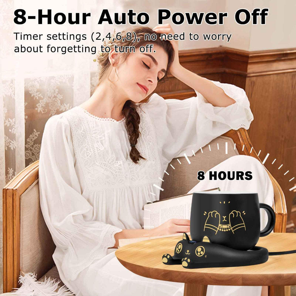 PUSEE Coffee Mug Warmer & Cute Cat Mug Set, Coffee Cup Warmer for Desk with Auto Shut Off, Beverage Warmer with 3 Temp Settings, Candle Warmer Coffee Warmer with Mug Set for Christmas & Birthday Gifts