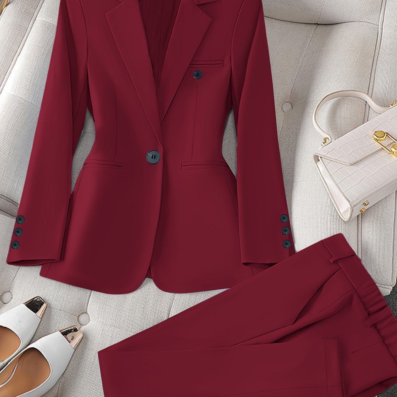 Women'S Casual Two-Piece Set, Fashionable Business Style, Solid Color, Long Sleeve, Polyester, with Lapel Collar, and Pants, for All Seasons SS69 56.69 Burgundy / XXL