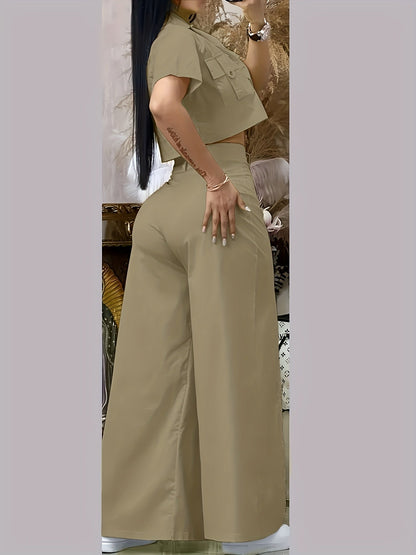 Women's Vibrant Yellow Casual Two-Piece Set: Short Sleeve Button-Up Shirt & High-Waist Wide-Leg Pants with Thigh-High Slit - Polyester, Machine Washable SS69