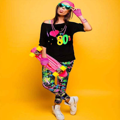 80s Women Costume Set, T-Shirt, Geometric Legging Pants Earring Necklace Gloves Bracelet