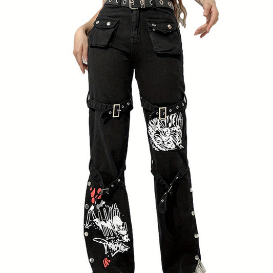Women High Waist Jeans with Metal Buckle Belt, Lengthened Style Street Dark Spring Clothing SS69 32.69 Black / M