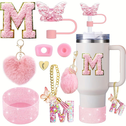 8pcs Cup Accessories for Cup 30oz 40oz Includes Butterfly Straw Cover Cap Silicone Boot Alphabet Handle Charm Initials Sticker 2pcs Spill Proof Stopper Heart Hook Love Plush Ball, Best for Christmas, Perfect for Thanksgiving SS69