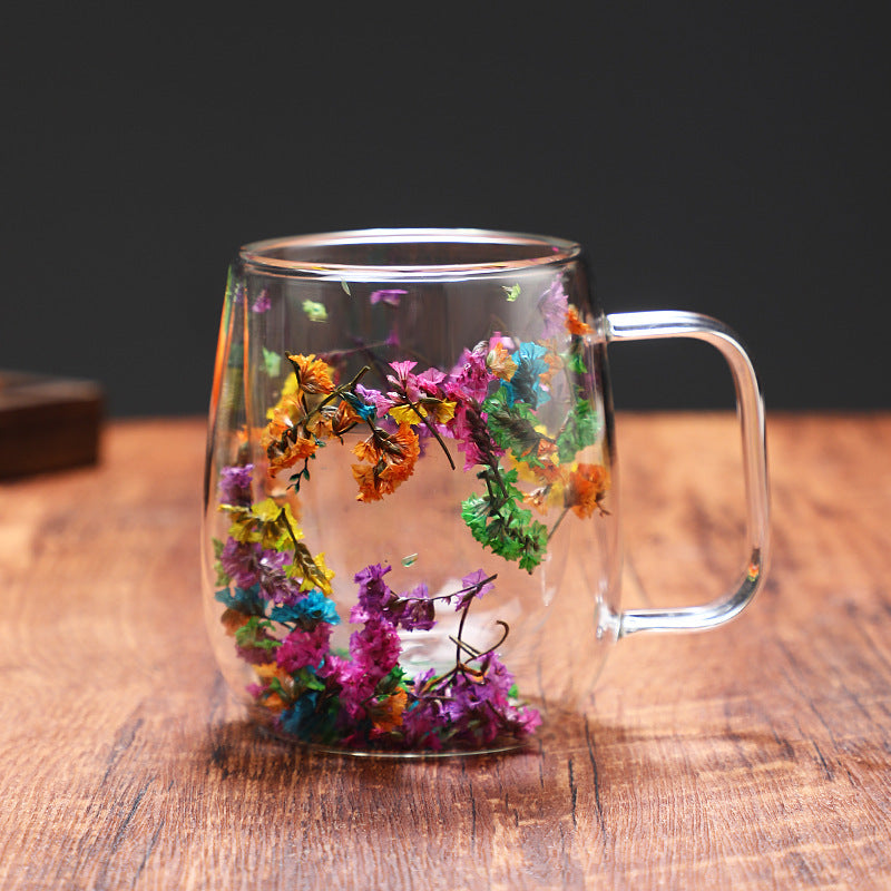 1pc Innovative Double Glass with Real Dry Flowers-High Borosilicate Glass, Suitable for Coffee and Tea-Ideal for Home, Office or Bar Use. SS69
