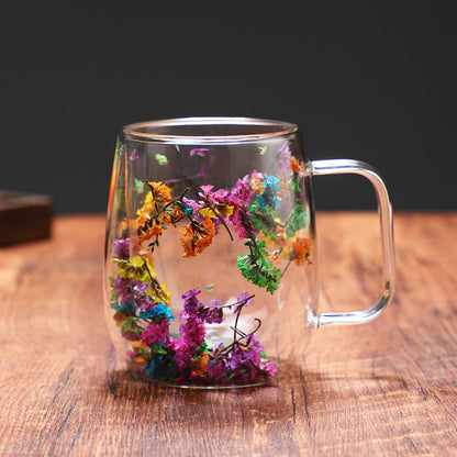 1pc Innovative Double Glass with Real Dry Flowers-High Borosilicate Glass, Suitable for Coffee and Tea-Ideal for Home, Office or Bar Use. SS69