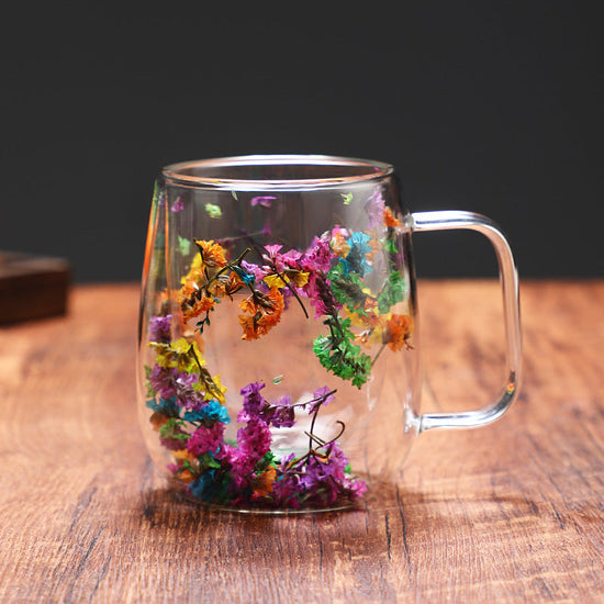 1pc Innovative Double Glass with Real Dry Flowers-High Borosilicate Glass, Suitable for Coffee and Tea-Ideal for Home, Office or Bar Use. SS69