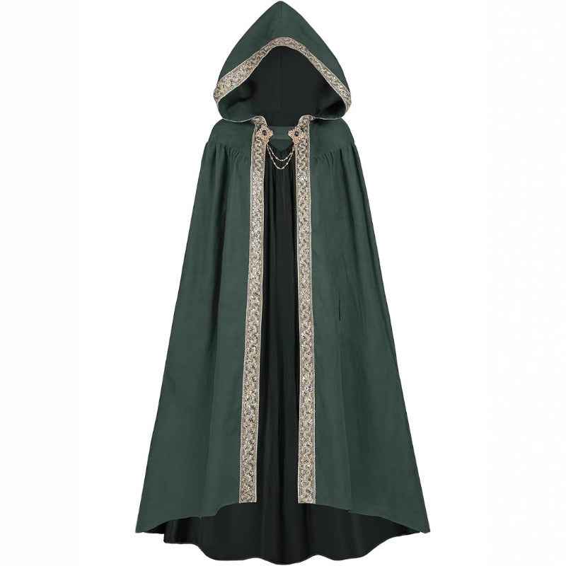Medieval-Style Hooded Cape Costume, Celtic Knot & Satin Trim, Adjustable Tie-Front Closure, Renaissance Faire Outfit for Renaissance Festival Cosplay Themed Parties, Beige Pink Dark Green Burgundy