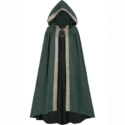 Medieval-Style Hooded Cape Costume, Celtic Knot & Satin Trim, Adjustable Tie-Front Closure, Renaissance Faire Outfit for Renaissance Festival Cosplay Themed Parties, Beige Pink Dark Green Burgundy