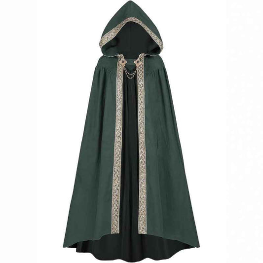 Medieval-Style Hooded Cape Costume, Celtic Knot & Satin Trim, Adjustable Tie-Front Closure, Renaissance Faire Outfit for Renaissance Festival Cosplay Themed Parties, Beige Pink Dark Green Burgundy