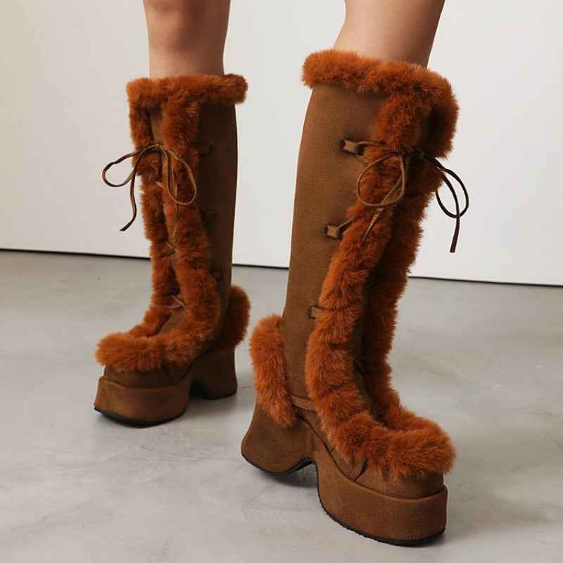Women's Y2K Goth Boots/Faux Fur Knee-High Platform Winter/Chunky Heel & Lace-Up Closure/Warm Pink Furry Collar/Square Toe/Thick Rubber Sole & PU Cover/Cozy Snow Boots for Christmas, Parties & Casual Attire/Cold Weather Footwe