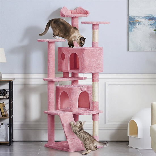 Costoffs Cat Tree 54in/70in/62in/80in/23.5in Cat Tower Condo with 2 Condos & 2 Dangling Balls & 3 Scratching Posts Large Cat House for for Kittens & Cats, Dark Gray/Light Gray/Beige/Black/Pink/Brown/Navy Blue/Green, Brown/W SS69 74.69 Pink / 70in