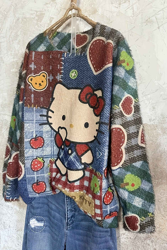 Plus Size, Women's Plus Size Elegant Oversized Plush Cat & Floral Sweater - Loose Fit Round Neck Long Sleeve Pullover, Cozy Winter Sweaters Suitable for Fall/Winter, Casual & Semi-Formal Wear