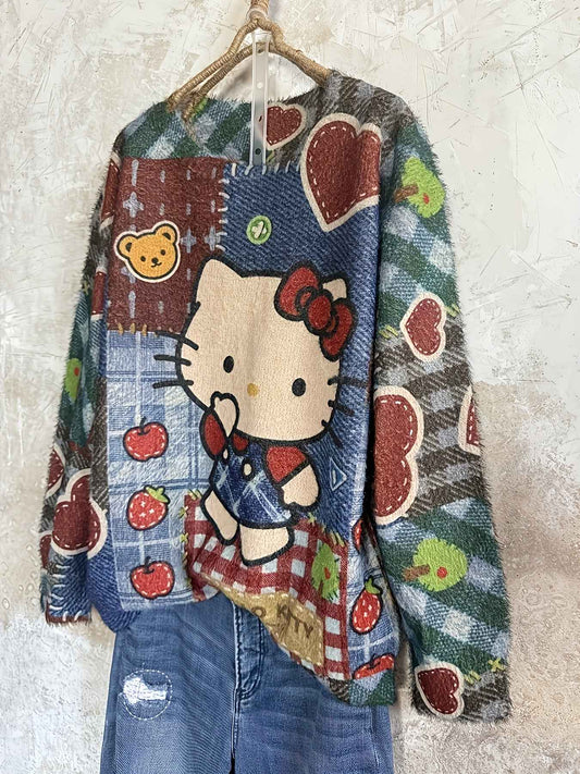 Plus Size, Women's Plus Size Elegant Oversized Plush Cat & Floral Sweater - Loose Fit Round Neck Long Sleeve Pullover, Cozy Winter Sweaters Suitable for Fall/Winter, Casual & Semi-Formal Wear