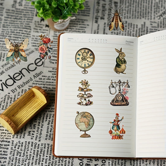 50-Pack Victorian Era Themed Waterproof Stickers - Transparent PET Material, Vintage Illustrations of Animals, Clockwork Machines & Floral Designs - Perfect for DIY Decoration on Skateboards, Phone Cases & Guitars, Vintage Cr SS69