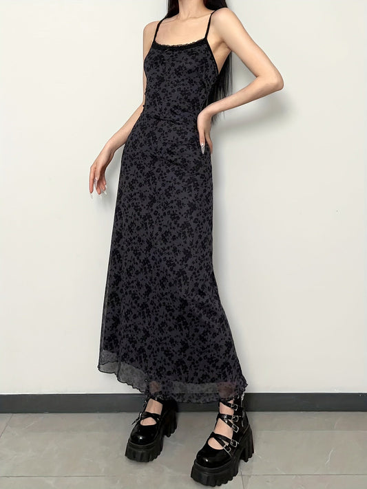 [Vintage Floral Dress] Floral Mesh Patchwork Long Dress - Slim Fit Vintage Style for Japanese and Korean Street Fashion SS69