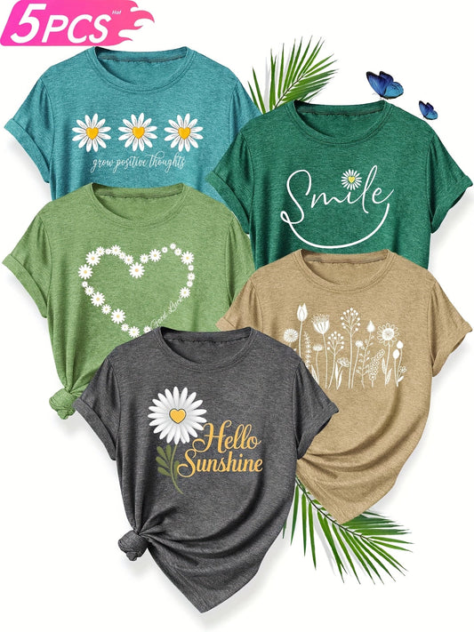 5pcs Women'S Casual Crew Neck Short Sleeve T-Shirts - Floral, Heart, and Smile Print Designs in Purple, Green, Pink, and Blue - Soft Stretch Fabric for Spring, Summer, and Fall, Plus Sizes Available, Plus Size Tee | Floral Pr SS69