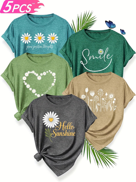 5pcs Women'S Casual Crew Neck Short Sleeve T-Shirts - Floral, Heart, and Smile Print Designs in Purple, Green, Pink, and Blue - Soft Stretch Fabric for Spring, Summer, and Fall, Plus Sizes Available, Plus Size Tee | Floral Pr SS69