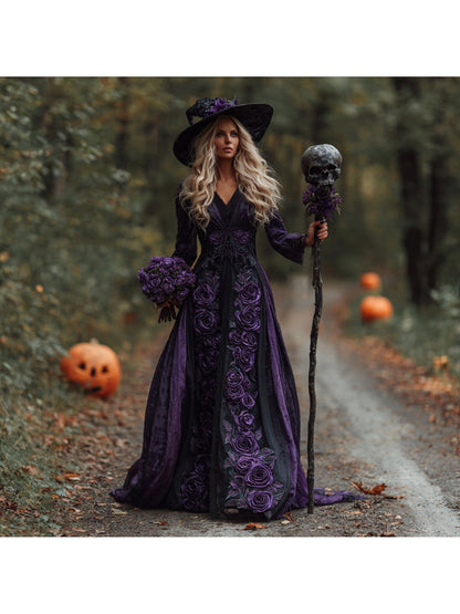Women'S Elegant Retro Gothic Witch Dress - Long Sleeve Puffed Sleeve with Ruffled Hem & Belted Waist, Machine Washable Purple & Digital Print Halloween Costume Party Outfit, Vintage-Inspired Autumn Dress for Themed Events & C SS69