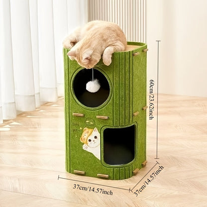 3-Tier Cat Tree House Cave, Multifunctional Climbing Frame and Bed Nest with Felt Material to Match Cats' Natural Instincts, Large Holes for Ventilation, Optional Scratching Posts, Space-Saving Design, Detachable and Easy to SS69 23.69 Double Layers Green / Cat nest