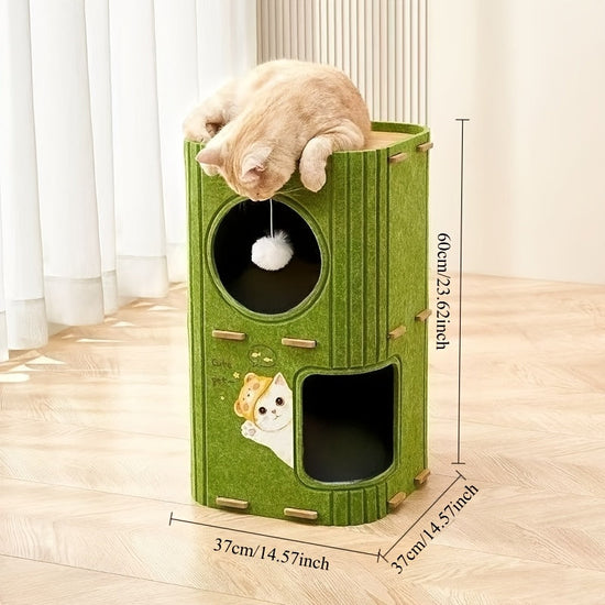 3-Tier Cat Tree House Cave, Multifunctional Climbing Frame and Bed Nest with Felt Material to Match Cats' Natural Instincts, Large Holes for Ventilation, Optional Scratching Posts, Space-Saving Design, Detachable and Easy to SS69 23.69 Double Layers Green / Cat nest