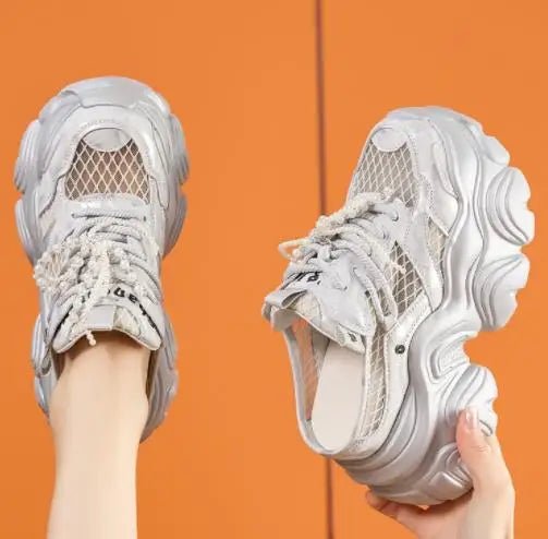 9CM Breathable Mesh Synthetic Slippers Bling Casual Vulcanize Hollow Shoes Summer Chunky Sneakers Platform Wedge Sandals Woman - SS69