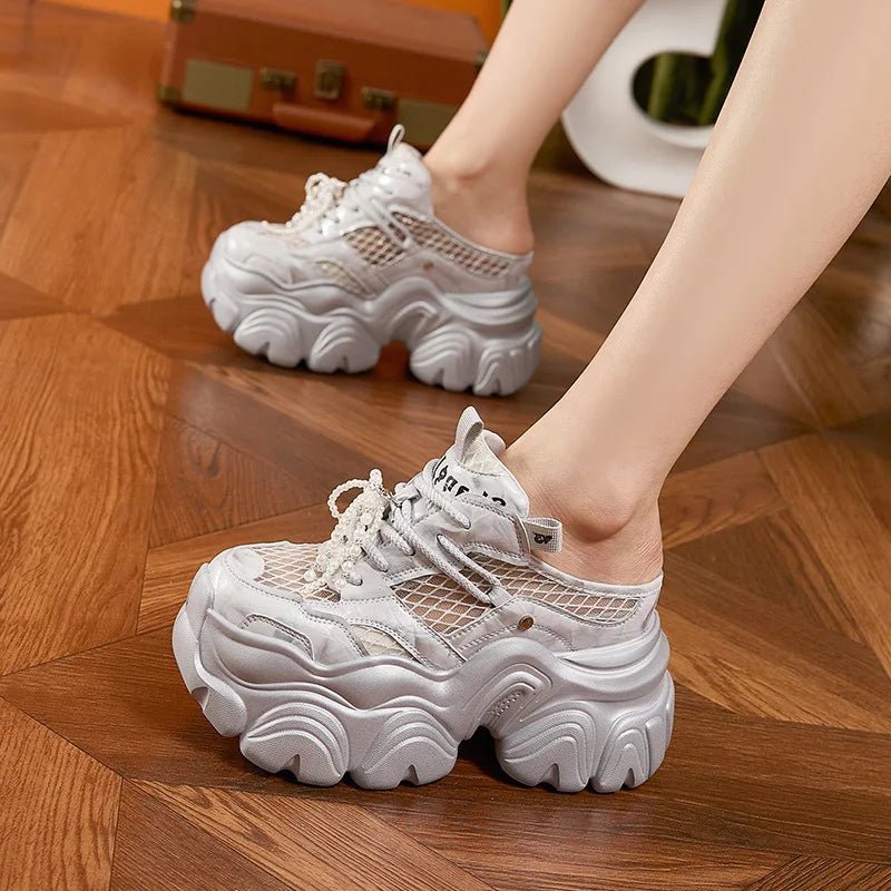 9CM Breathable Mesh Synthetic Slippers Bling Casual Vulcanize Hollow Shoes Summer Chunky Sneakers Platform Wedge Sandals Woman - SS69