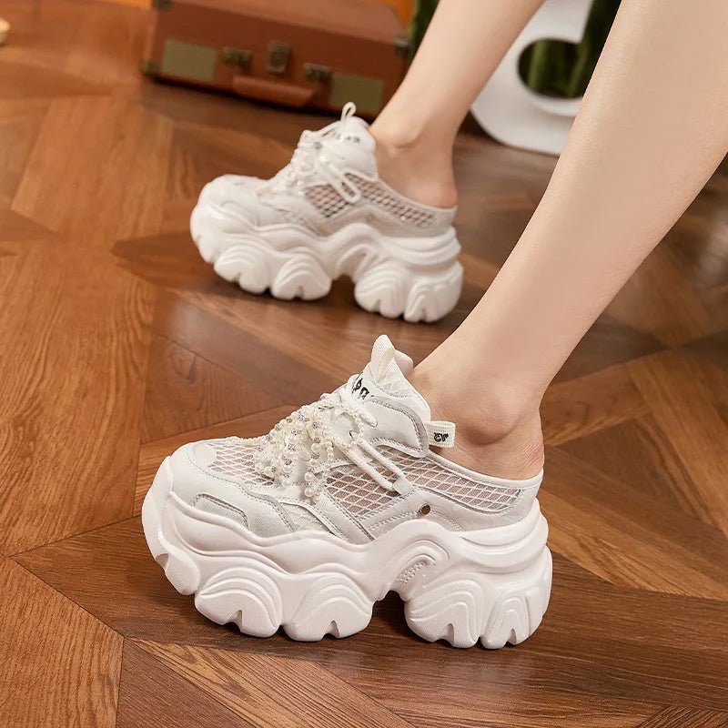 9CM Breathable Mesh Synthetic Slippers Bling Casual Vulcanize Hollow Shoes Summer Chunky Sneakers Platform Wedge Sandals Woman - SS69