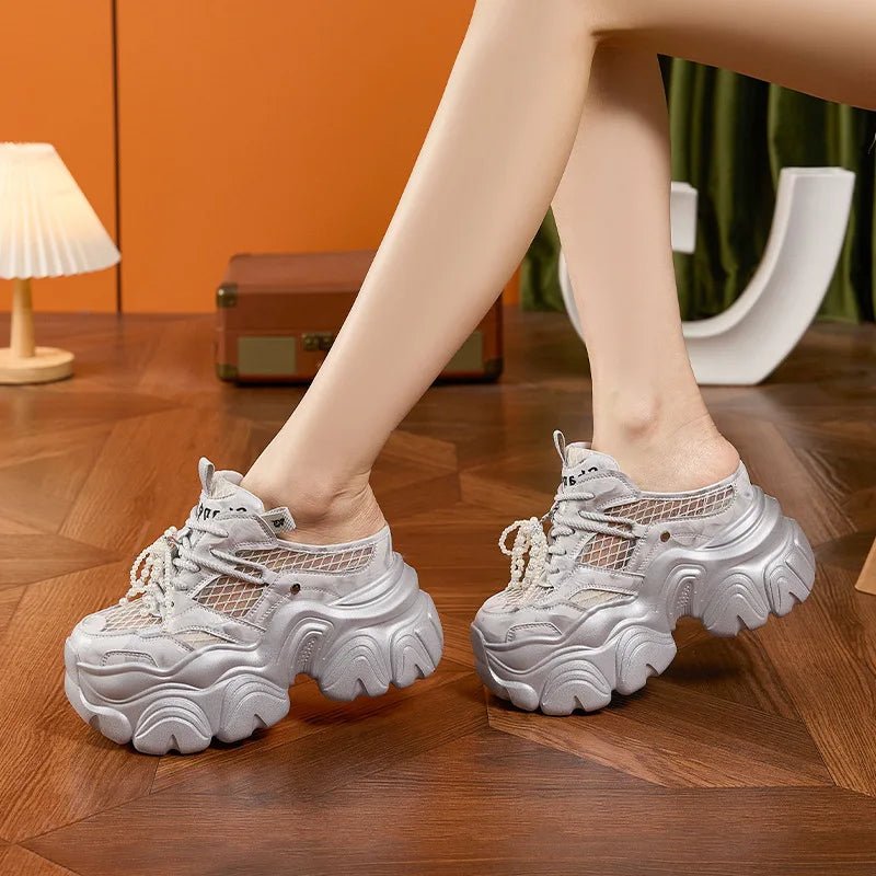 9CM Breathable Mesh Synthetic Slippers Bling Casual Vulcanize Hollow Shoes Summer Chunky Sneakers Platform Wedge Sandals Woman - SS69
