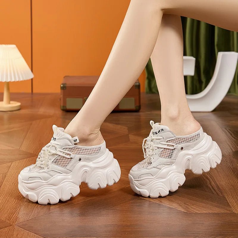 9CM Breathable Mesh Synthetic Slippers Bling Casual Vulcanize Hollow Shoes Summer Chunky Sneakers Platform Wedge Sandals Woman - SS69