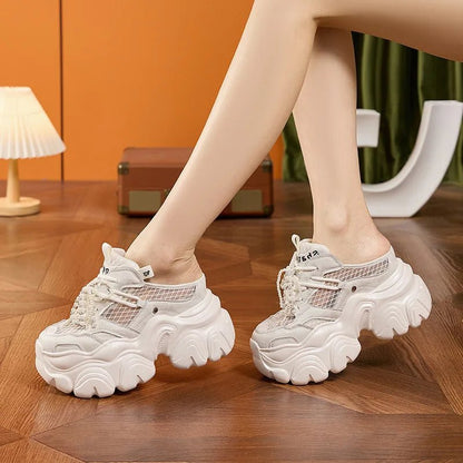 9CM Breathable Mesh Synthetic Slippers Bling Casual Vulcanize Hollow Shoes Summer Chunky Sneakers Platform Wedge Sandals Woman - SS69