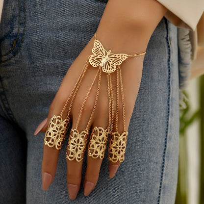 1pc Boho Punk Style 14K Golden Plated Copper Hand Chain, Exaggerated Butterfly Finger Ring Bracelet for Women, Versatile Jewelry for Daily and Banquet Occasions, All-Season Accessory SS69