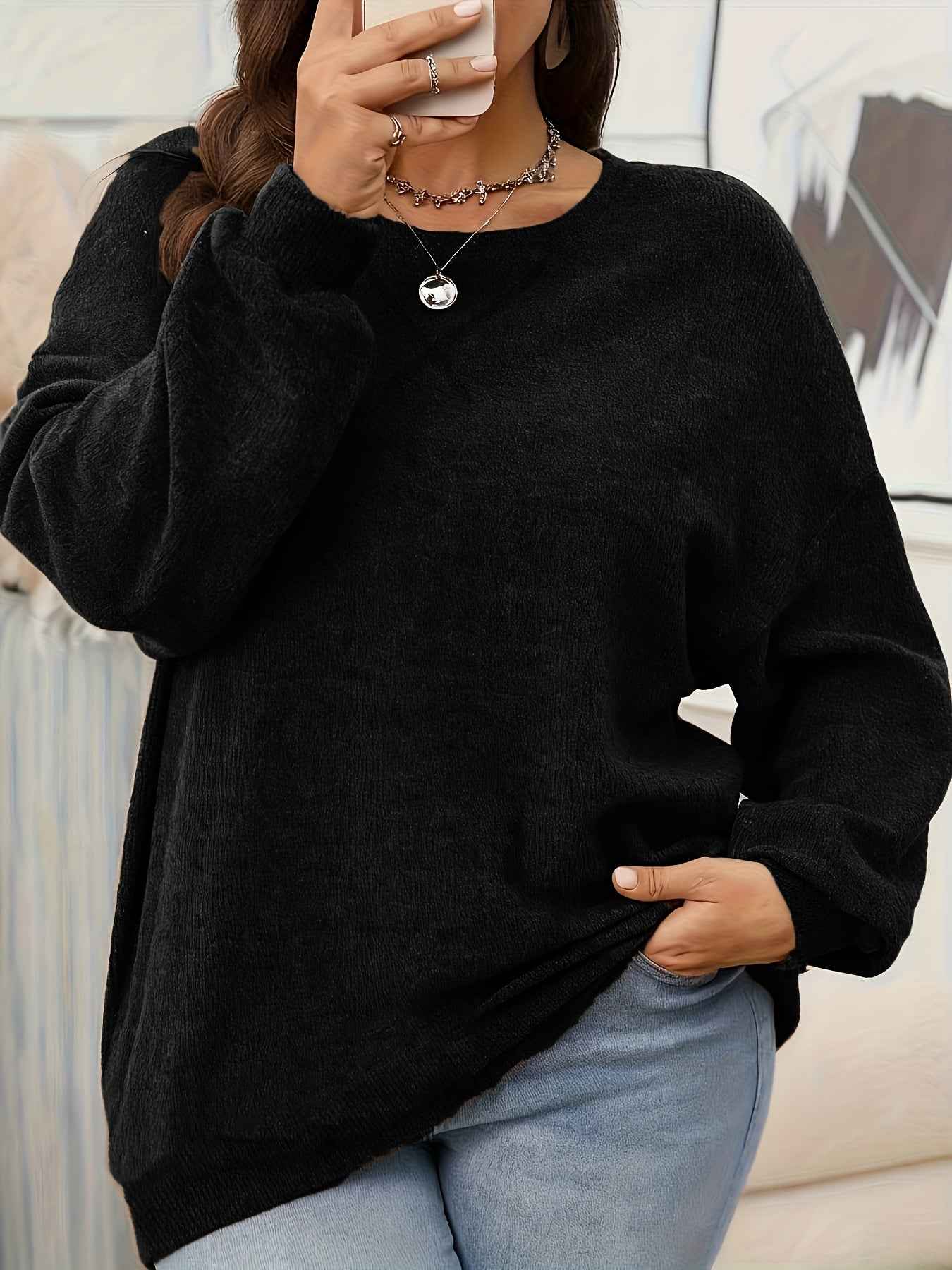 Plus Size - Women'S Solid Color Crew Neck Sweater | Casual Style, Medium Stretch Fabric, Ideal for Fall/Winter
