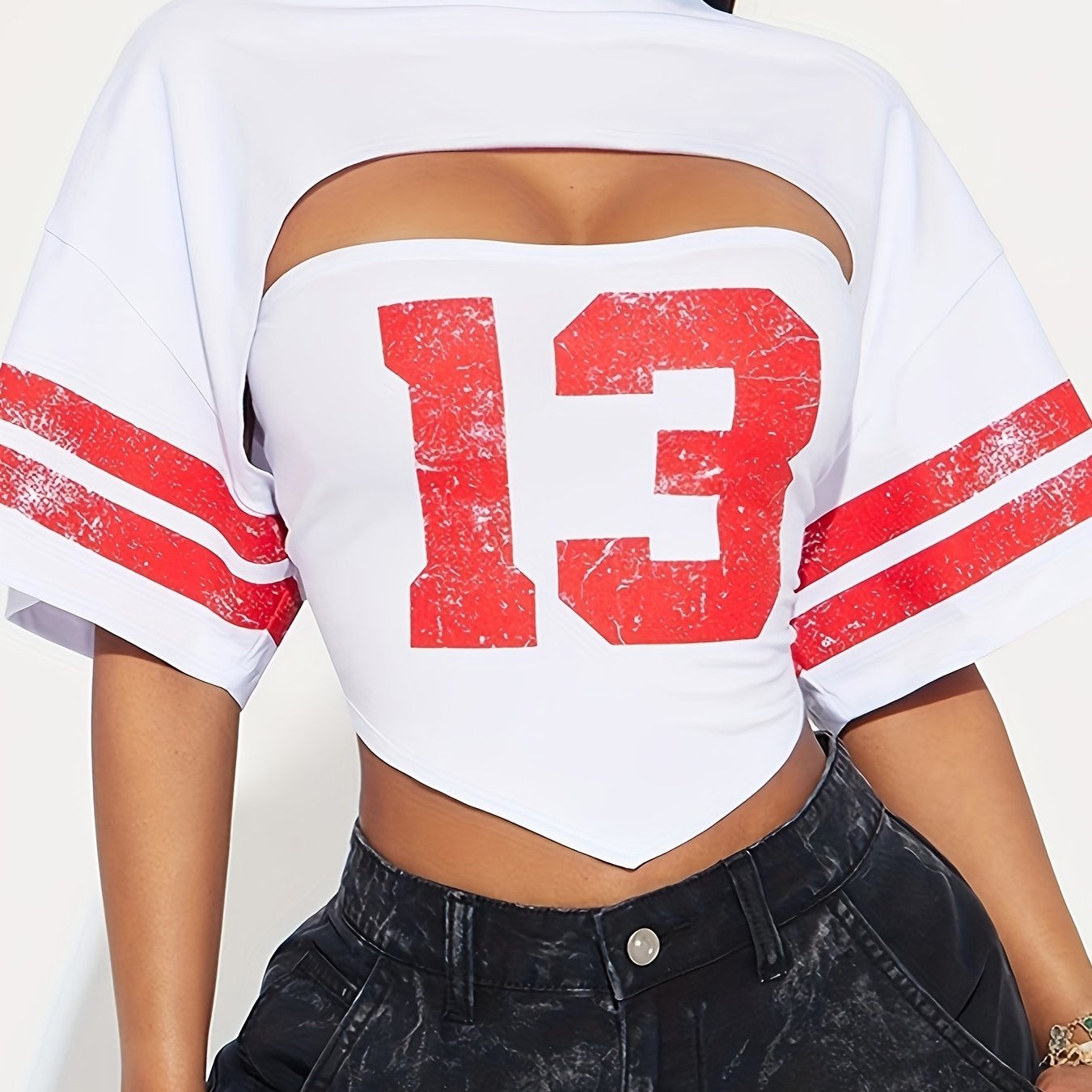 Women'S "98" Graphic Crop Top with Short Sleeves - Black, Casual Two-Piece Set with High-Waisted Jeans, Polyester Blend, Casual Attire|Graphic Crop Top|Knit Construction SS69 20.69 Ivory White / L