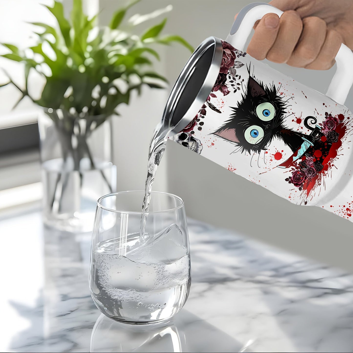 [Horror Cat Coffee Mug] Halloween Horror Cat Coffee Mug | 1pc Stainless Steel Insulated Cup 40oz with Lid & Straw, Large Capacity, White - Halloween Cat Cup SS69