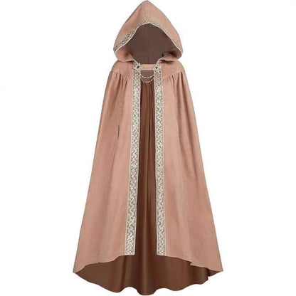 Medieval-Style Hooded Cape Costume, Celtic Knot & Satin Trim, Adjustable Tie-Front Closure, Renaissance Faire Outfit for Renaissance Festival Cosplay Themed Parties, Beige Pink Dark Green Burgundy