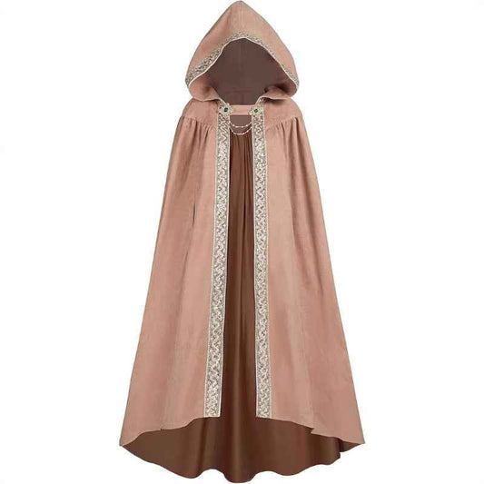 Medieval-Style Hooded Cape Costume, Celtic Knot & Satin Trim, Adjustable Tie-Front Closure, Renaissance Faire Outfit for Renaissance Festival Cosplay Themed Parties, Beige Pink Dark Green Burgundy