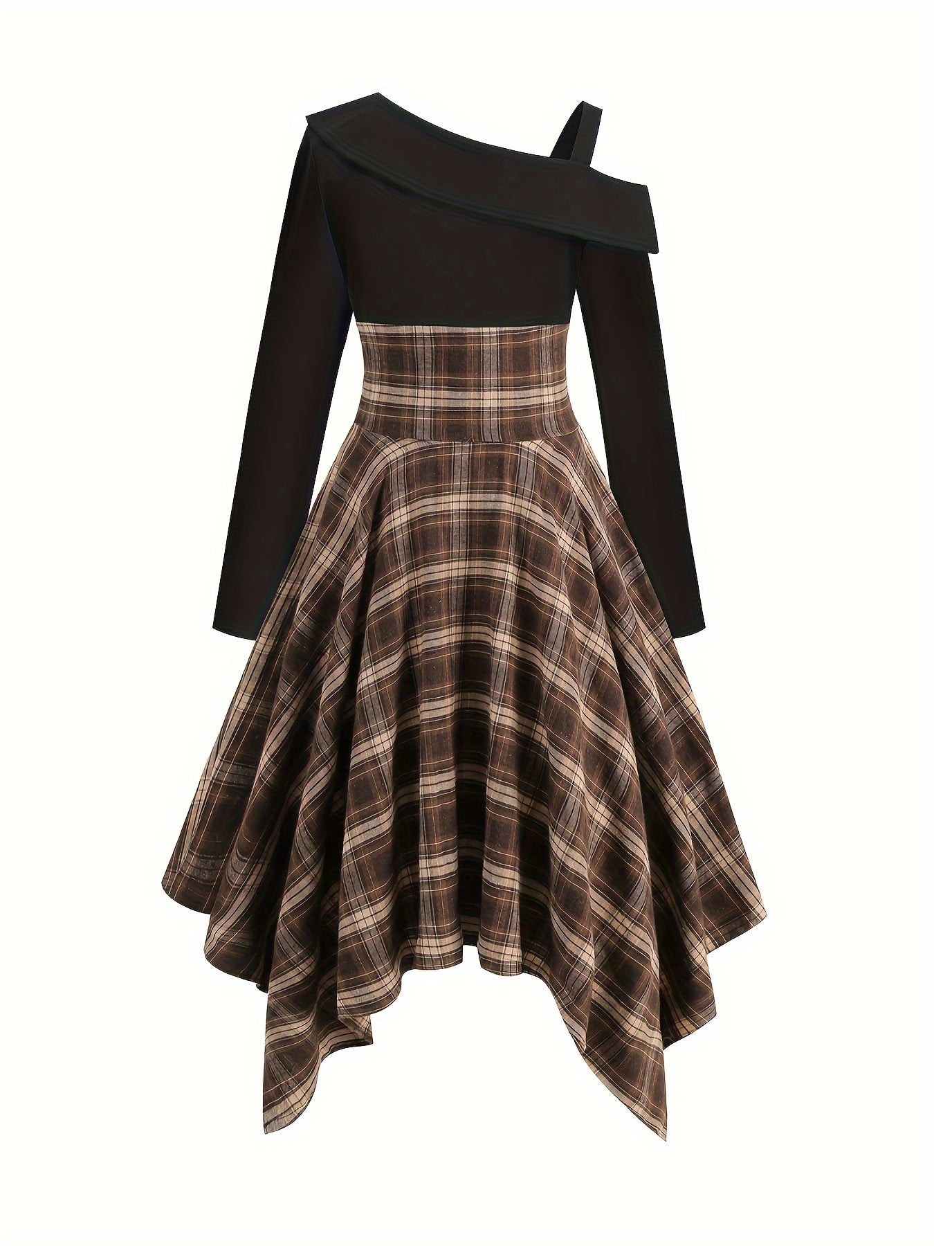 Vintage-Inspired Plaid Cocktail Dress - Fitted, Asymmetrical Neckline, Single Shoulder Strap Polyester Knit Fabric Dress for All-Season Wear SS69