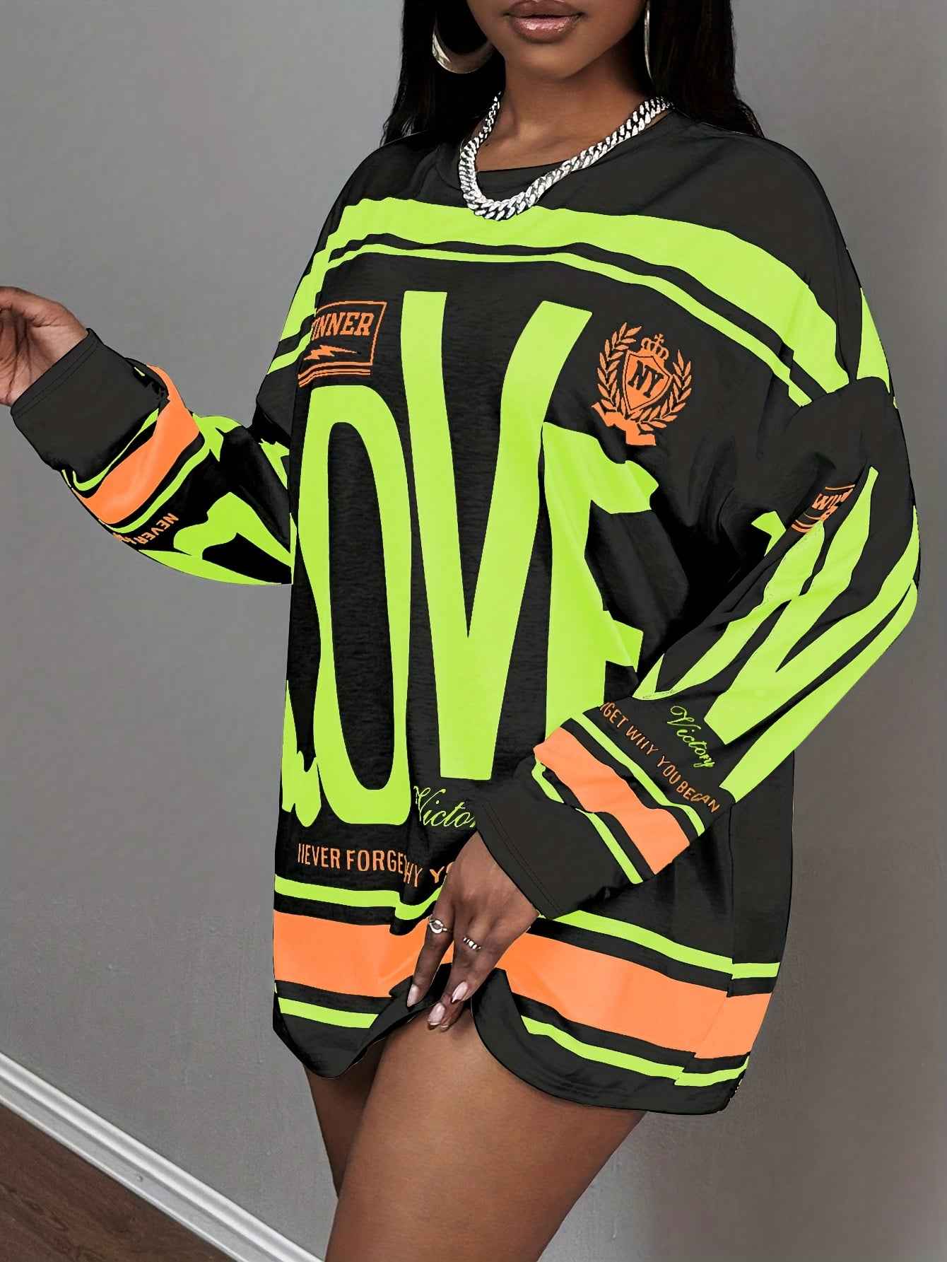 Plus Size - Plus Size - Plus Size - Plus Size - Plus Size Women'S Oversized "LOVE" Letter Print Long Sleeve T-Shirt - Casual Streetwear Style with Pink & Stripes, Comfortable Fabric For All Seasons, Versatile Fashion Top, Plu