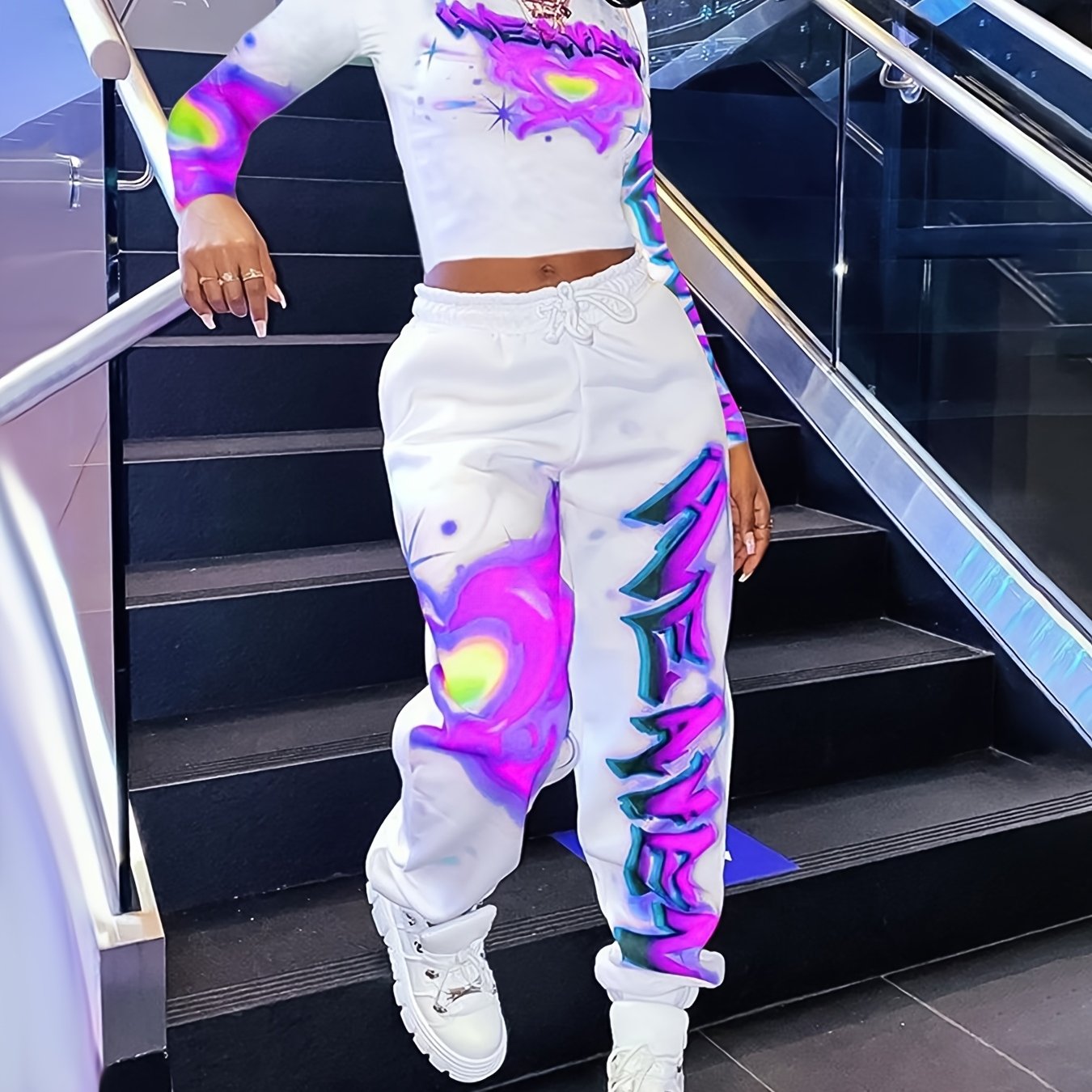 [Vibrant Y2K-Inspired Activewear Set] Vibrant Y2K-Inspired Heart & Letter Print Activewear Set - Long Sleeve Crop Top & Drawstring Joggers, Polyester/Spandex Blend, Perfect for Daily Fitness & Outdoor Fashion - SS69