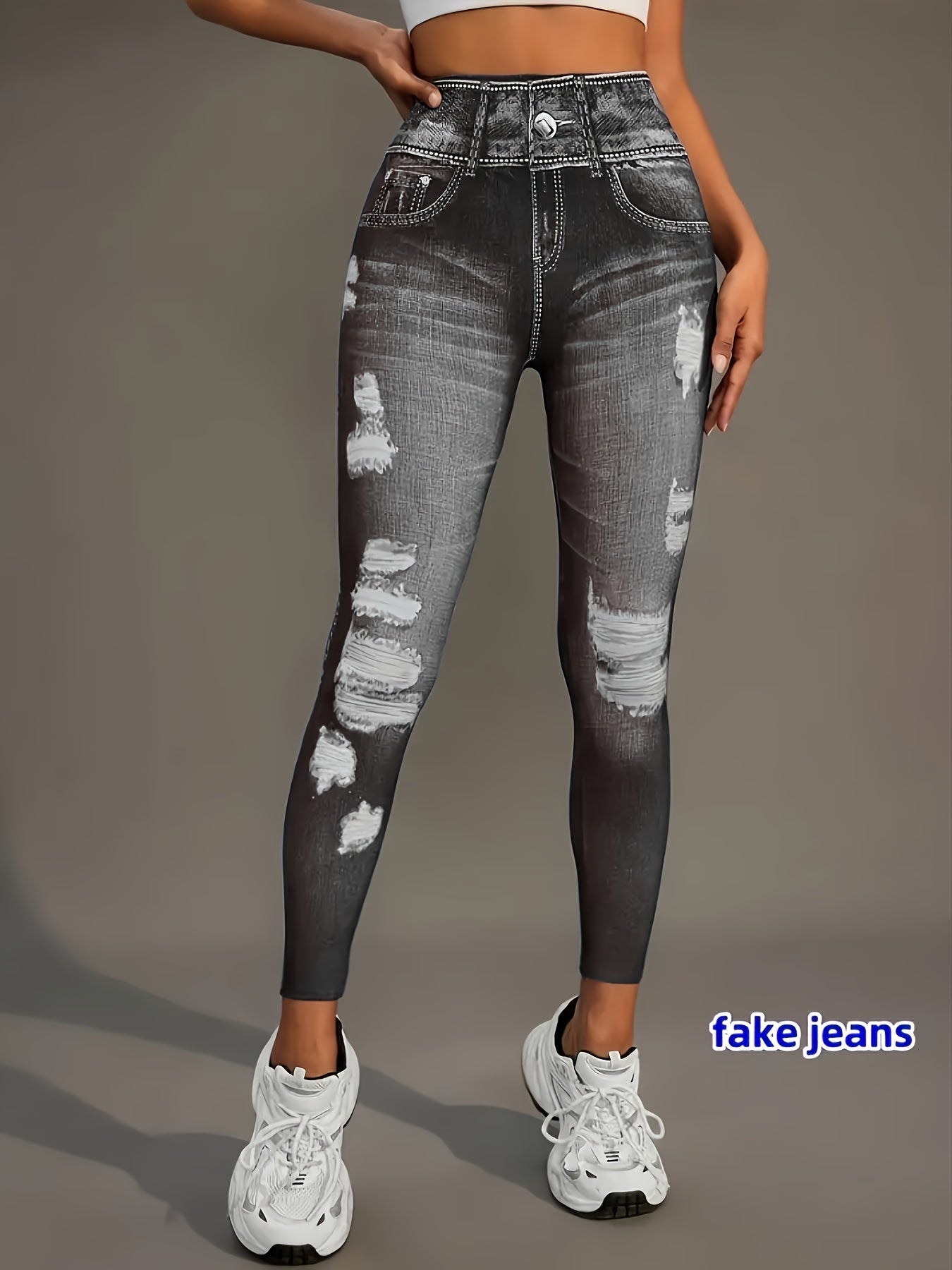 [Denim Print/Imitation Denim] Women's Imitation Denim Print Pants - Stretchy Polyester-Spandex Blend, Full-Body Distressed Design, Faux Pocket, Mid-Rise 9" Length, All-Season Casual & Leggings SS69