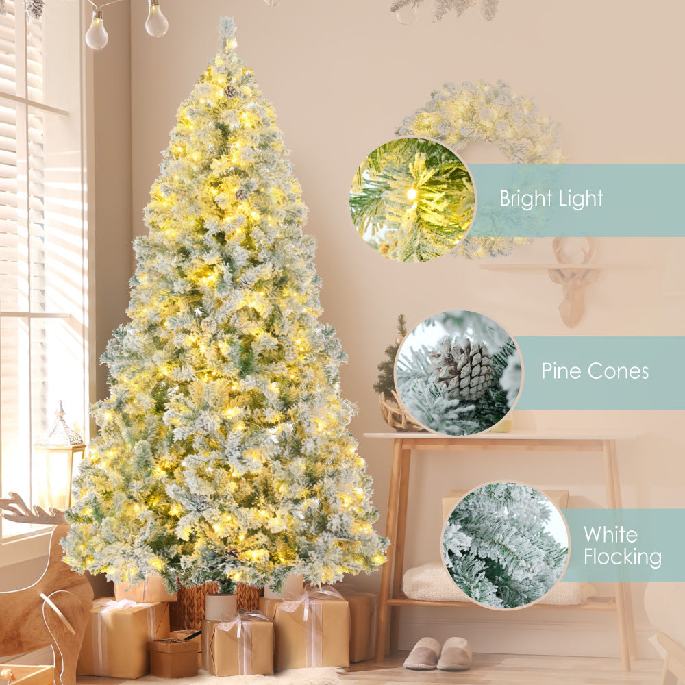 RIDFY 6FT Snow Flocked Christmas Tree, Pre-Lit Set with Tree & Garland & Wreath, Artificial Hinged Xmas Tree with Colorful LED Lights, 8 Lighting Modes, Pine Cones, Holiday Decor for Home SS69