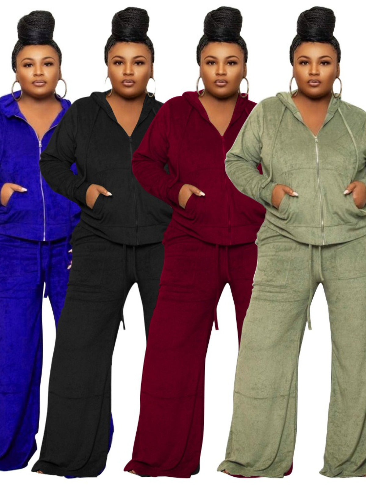 Plus Size - New Autumn And Winter Women'S Clothing in Large Sizes Featuring Solid Color Casual High-Waisted Wide-Leg Pants in a Two-Piece Set.