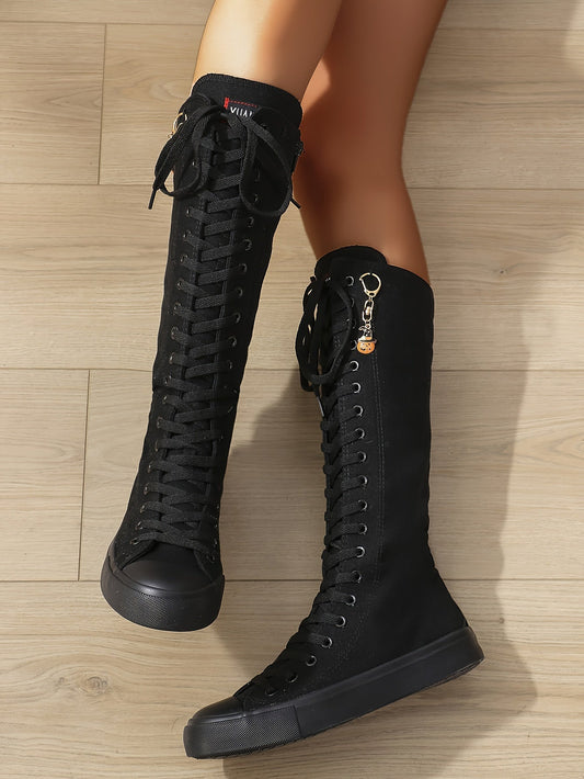 YUANBU Women'S Stylish Black Knee-High Boots with Colorful "YUANBU" Lettering - Casual Flat Sole, Side Zipper, Lightweight Sneakers for Halloween, Parties & Daily Wear, Sizes 5-12, Halloween Shoes SS69