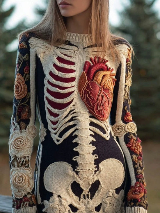 Women's Gothic 3D Skull Sweater - Retro Winter Warm Crewneck Sweater with Skull & Bone Pattern, Long Sleeve Hand Washable Fall Winter Sweater for Halloween Costume or Casual Outfit (Cozy Knitwear) SS69