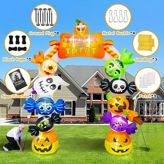 Kalolary 10ft Halloween Inflatable Archway with Candy, Pumpkins, Bats & Skulls - LED-Lit Spooky Yard Decor, High Quality Polyester, Built-in Blower, Stakes & Ropes for Indoor/Outdoor Garden, Lawn, Patio SS69