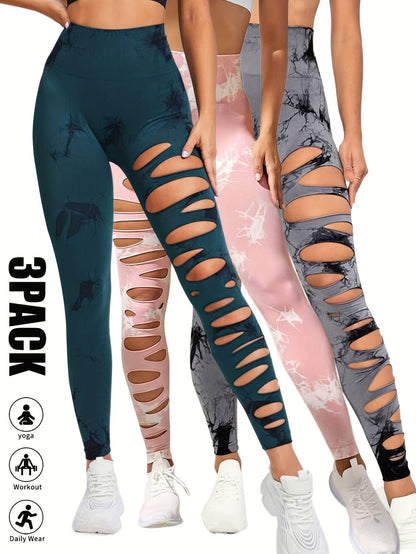 3 Pack High Waist Tie Dye Cutout Yoga Leggings - Scrunch Butt Lifting, Tummy Control, Elastic Workout Pants for Women SS69