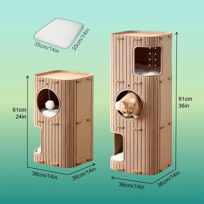 3-Tier Cat Tree House Cave, Multifunctional Climbing Frame and Bed Nest with Felt Material to Match Cats' Natural Instincts, Large Holes for Ventilation, Optional Scratching Posts, Space-Saving Design, Detachable and Easy to SS69