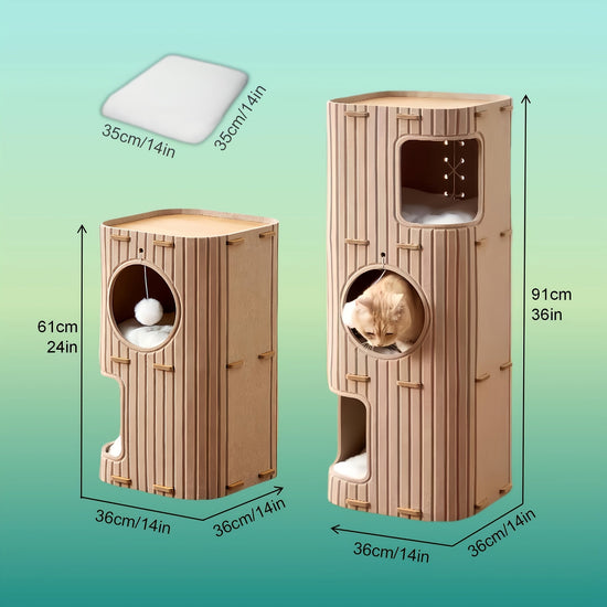 3-Tier Cat Tree House Cave, Multifunctional Climbing Frame and Bed Nest with Felt Material to Match Cats' Natural Instincts, Large Holes for Ventilation, Optional Scratching Posts, Space-Saving Design, Detachable and Easy to SS69
